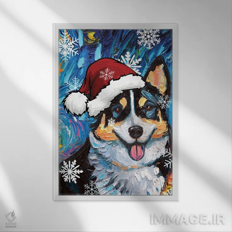 تابلو سنتای کورگی سهرنگ اثر آجا تریر - نمای قابدار سفید