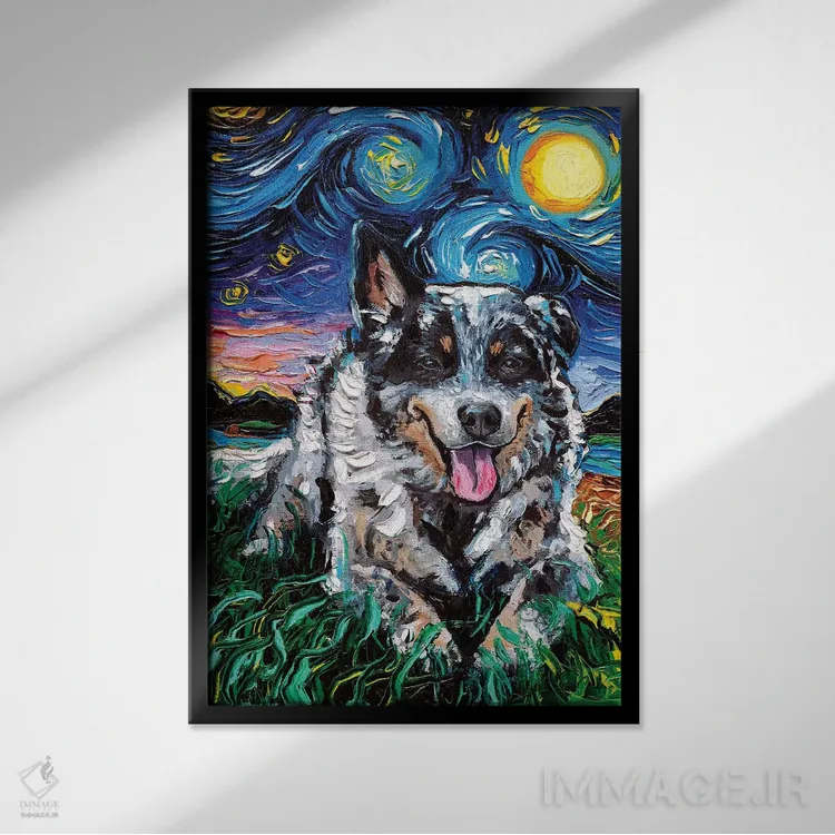 تابلو شب سگ گاوچران استرالیایی اثر آجا تریر - نمای قابدار مشکی