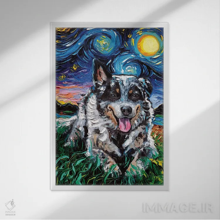 تابلو شب سگ گاوچران استرالیایی اثر آجا تریر - نمای قابدار سفید