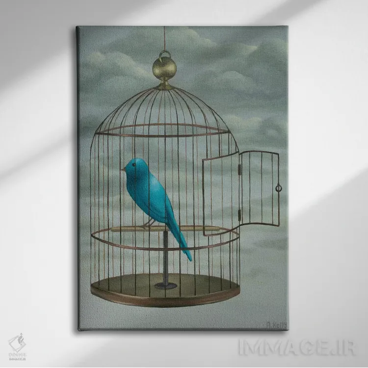 تابلو پرنده آبی اثر آنتوانت کلی - نمای روبهرو روی دیوار