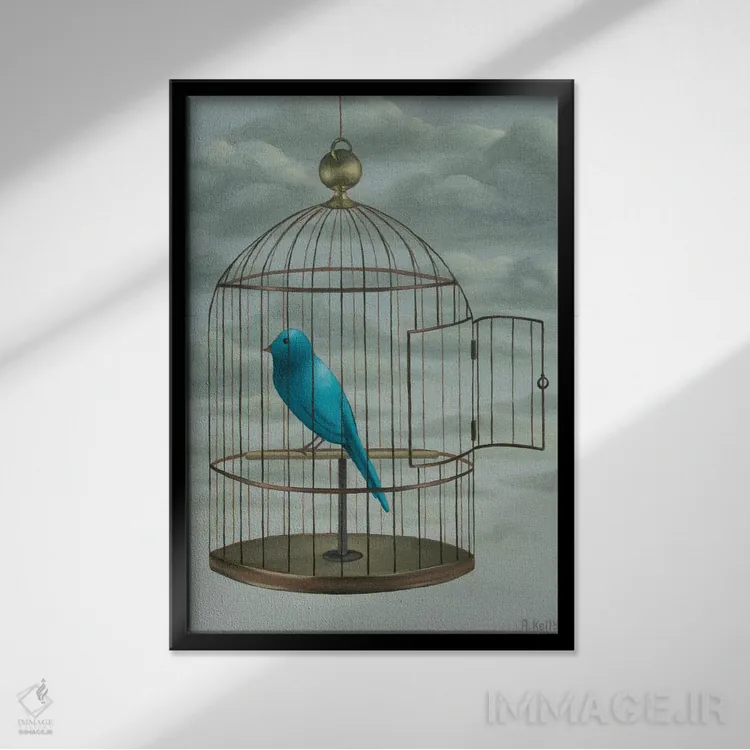 تابلو پرنده آبی اثر آنتوانت کلی - نمای قابدار مشکی