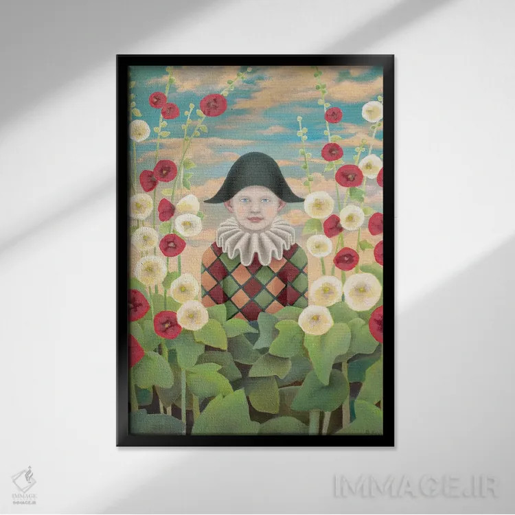 تابلو هارلکین و پنیرک باغی (گیاه) اثر آنتوانت کلی - نمای قابدار مشکی