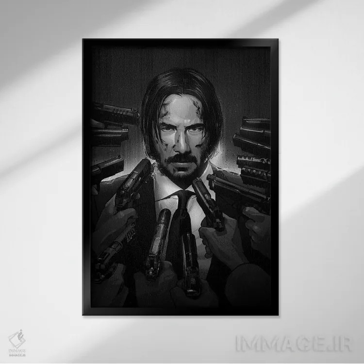 تابلو جان ویک سیاه و سفید اثر نیکیتا آباکوموف - نمای قابدار مشکی