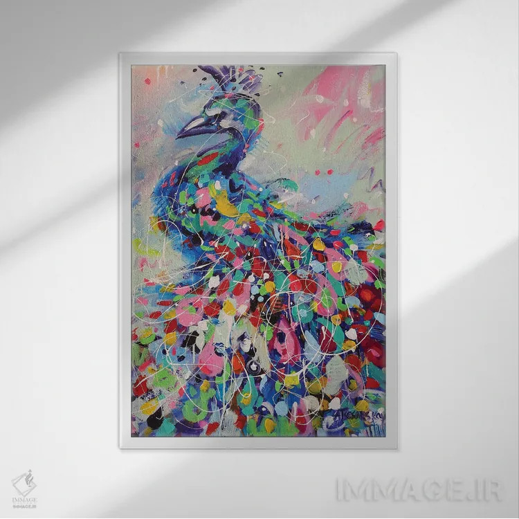 تابلو پرتره رنگارنگ طاووس اثر آلیاکساندرا تسسارسکایا - نمای قابدار سفید