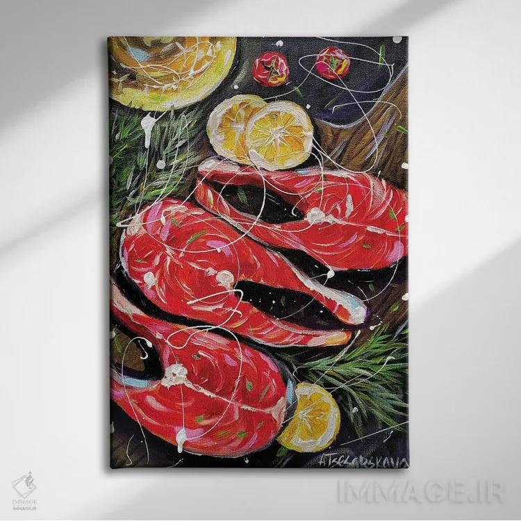 تابلو ماهی سالمون اثر آلیاکساندرا تسسارسکایا - نمای روبهرو روی دیوار