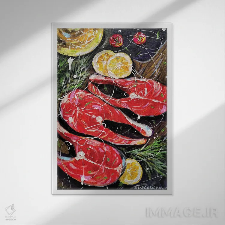 تابلو ماهی سالمون اثر آلیاکساندرا تسسارسکایا - نمای قابدار سفید