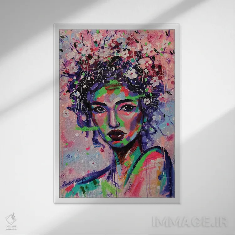 تابلو ساکورا (شکوفهٔ گیلاس ژاپنی) اثر آلیاکساندرا تسسارسکایا - نمای قابدار سفید