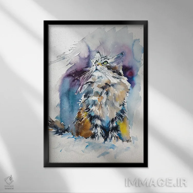 تابلو گربه روی برف اثر آنا بریجیتا کوواچ - نمای قابدار مشکی