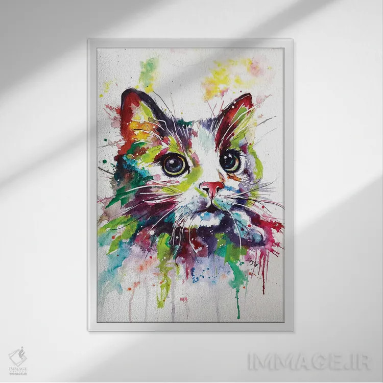 تابلو گربهٔ رنگارنگ اثر آنا بریجیتا کوواچ - نمای قابدار سفید