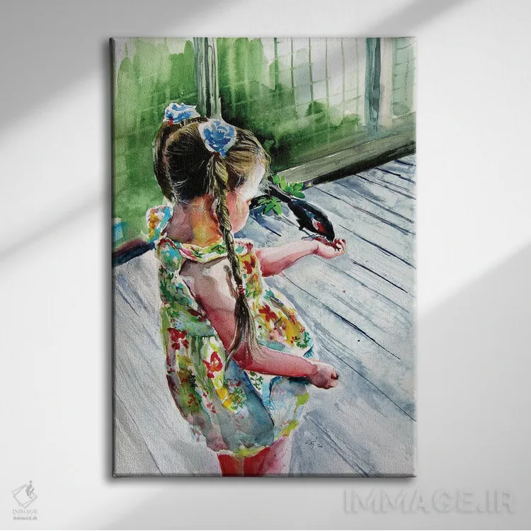 تابلو دختر با پرنده اثر آنا بریجیتا کوواچ - نمای روبهرو روی دیوار
