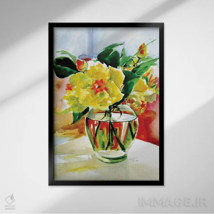 تابلو طبیعت بیجان با گلهای زرد اثر آنا بریجیتا کوواچ - نمای قابدار مشکی