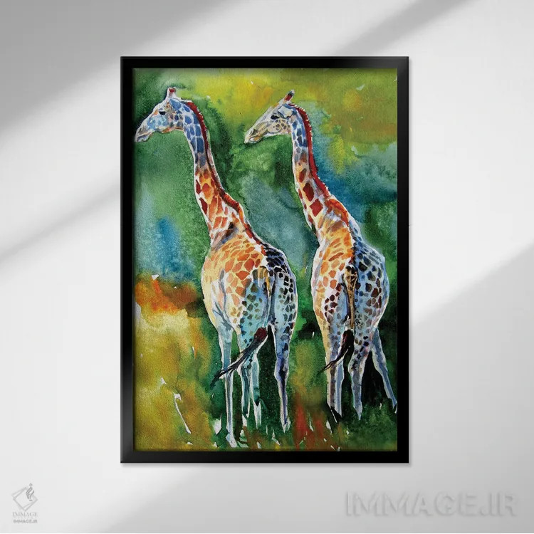 تابلو زرافهها در دشت اثر آنا بریجیتا کوواچ - نمای قابدار مشکی
