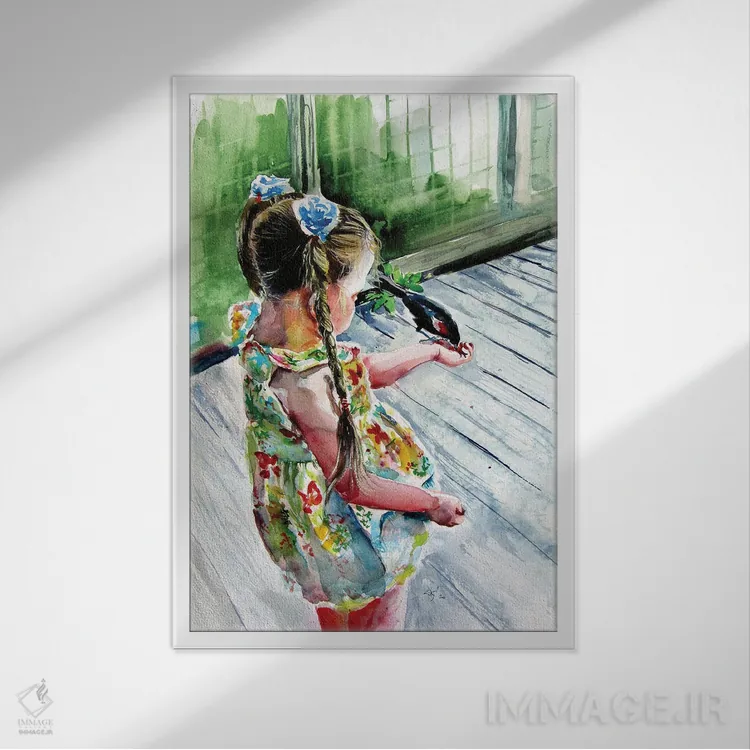 تابلو دختر با پرنده اثر آنا بریجیتا کوواچ - نمای قابدار سفید