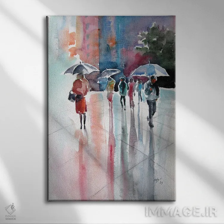 تابلو روز بارانی با چترها ۳ اثر آنا بریجیتا کوواچ - نمای روبهرو روی دیوار