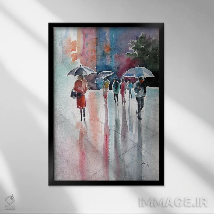 تابلو روز بارانی با چترها ۳ اثر آنا بریجیتا کوواچ - نمای قابدار مشکی