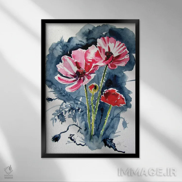 تابلو چند گل شقایق اثر آنا بریجیتا کوواچ - نمای قابدار مشکی