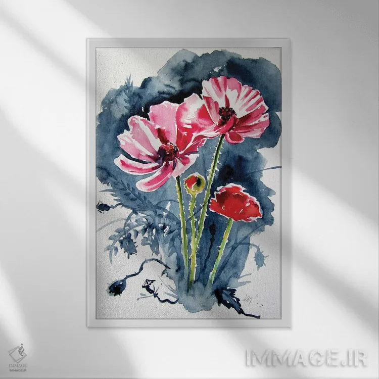 تابلو چند گل شقایق اثر آنا بریجیتا کوواچ - نمای قابدار سفید