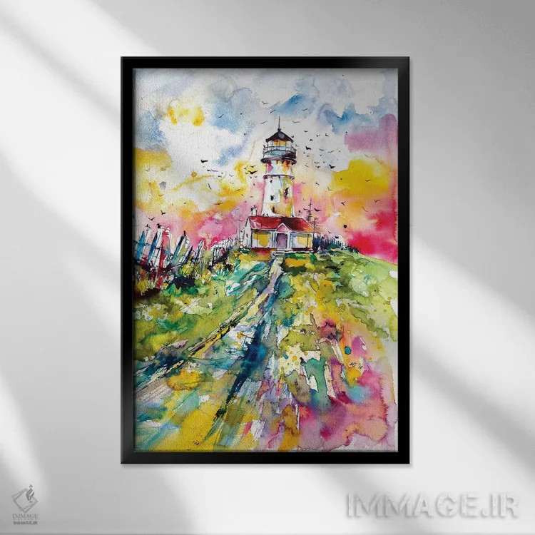 تابلو فانوس دریایی با پرندگان اثر آنا بریجیتا کوواچ - نمای قابدار مشکی