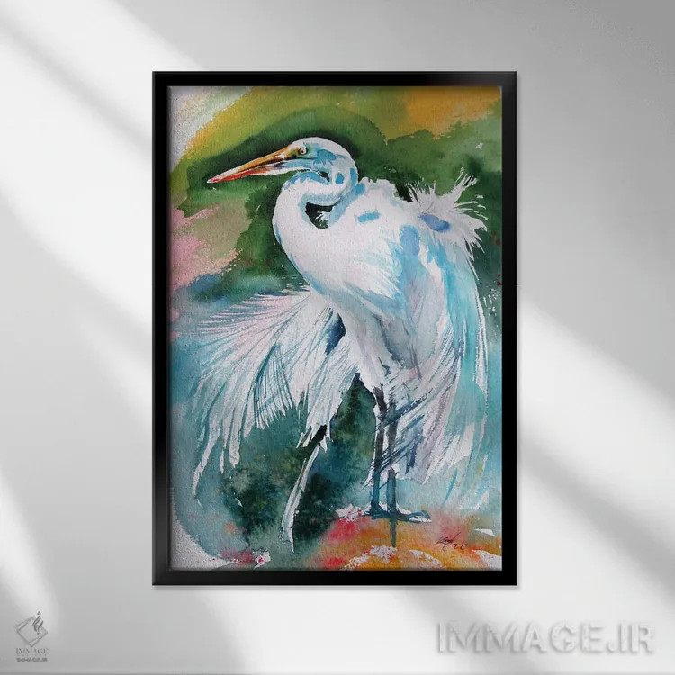 تابلو حواصیل سفید اثر آنا بریجیتا کوواچ - نمای قابدار مشکی