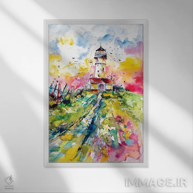 تابلو فانوس دریایی با پرندگان اثر آنا بریجیتا کوواچ - نمای قابدار سفید