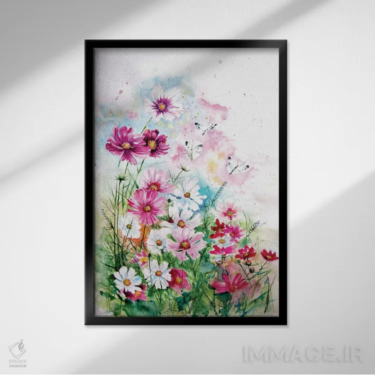 تابلو گلهای کیهانی با پروانهها اثر آنا بریجیتا کوواچ - نمای قابدار مشکی