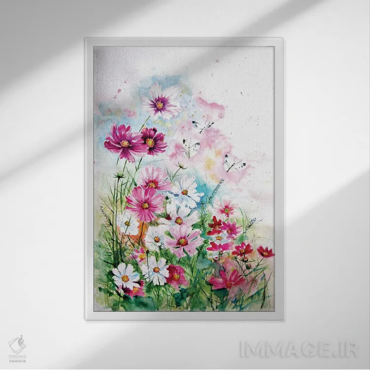 تابلو گلهای کیهانی با پروانهها اثر آنا بریجیتا کوواچ - نمای قابدار سفید