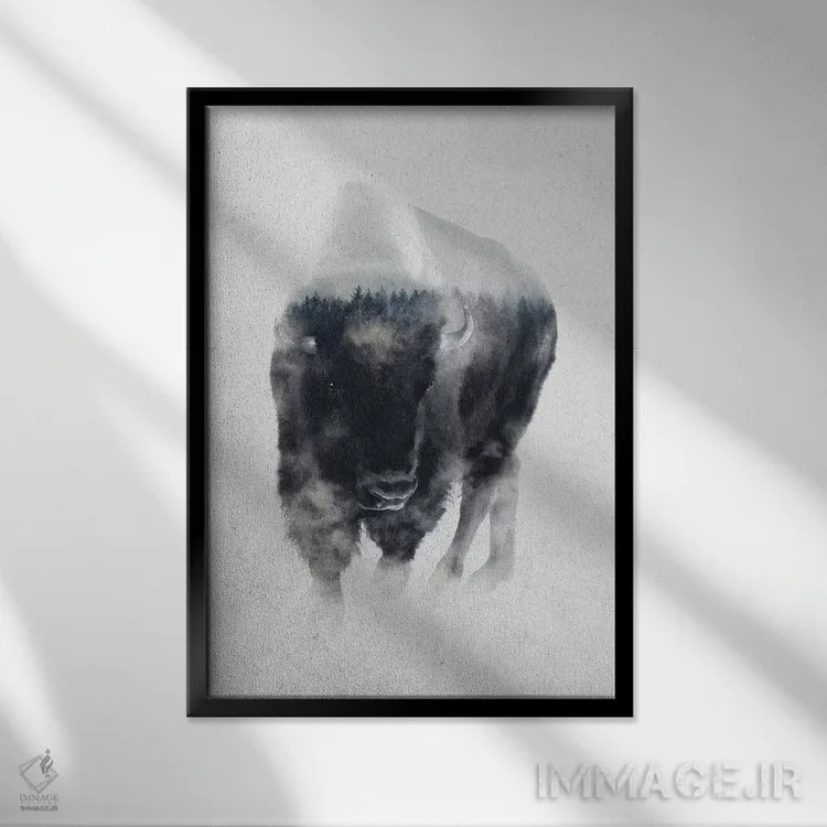 تابلو گاومیش آمریکایی در مه اثر آندریاس لیه - نمای قابدار مشکی