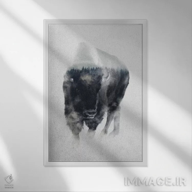 تابلو گاومیش آمریکایی در مه اثر آندریاس لیه - نمای قابدار سفید