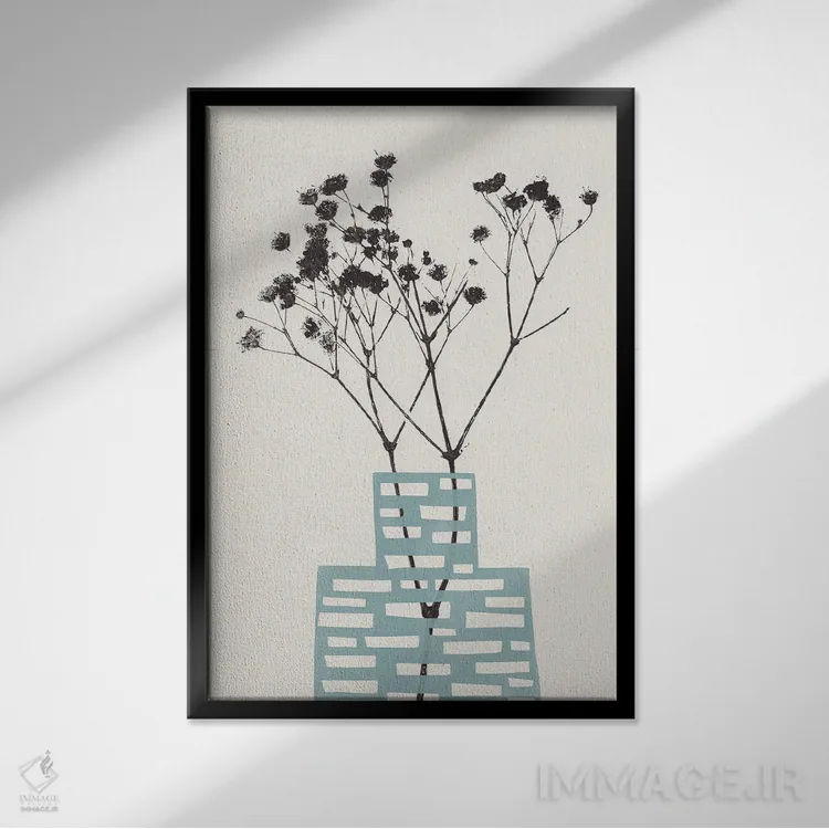 تابلو گل ژیپسوفیلا در گلدان آبی اثر آلیسا گالیتسینا - نمای قابدار مشکی