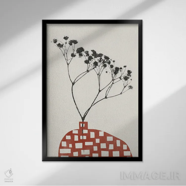 تابلو گل ژیپسوفیلا در گلدان قرمز اثر آلیسا گالیتسینا - نمای قابدار مشکی