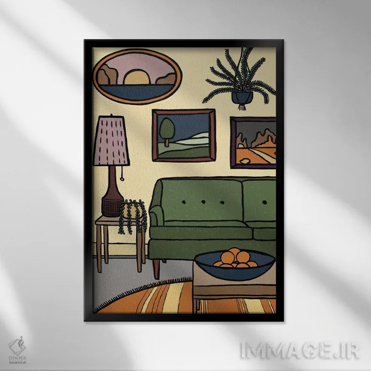 تابلو اتاق نشیمن با کاناپه سبز اثر آلیسا گالیتسینا - نمای قابدار مشکی
