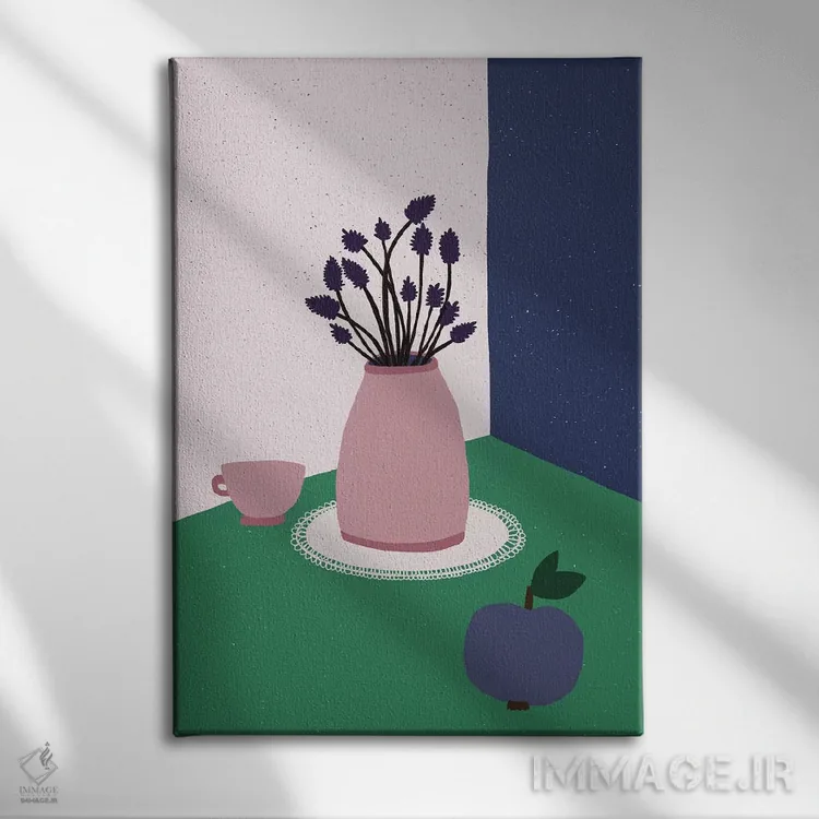 تابلو طبیعت بیجان با سیب، گلهای اسطوخودوس و فنجان اثر آلیسا گالیتسینا - نمای روبهرو روی دیوار