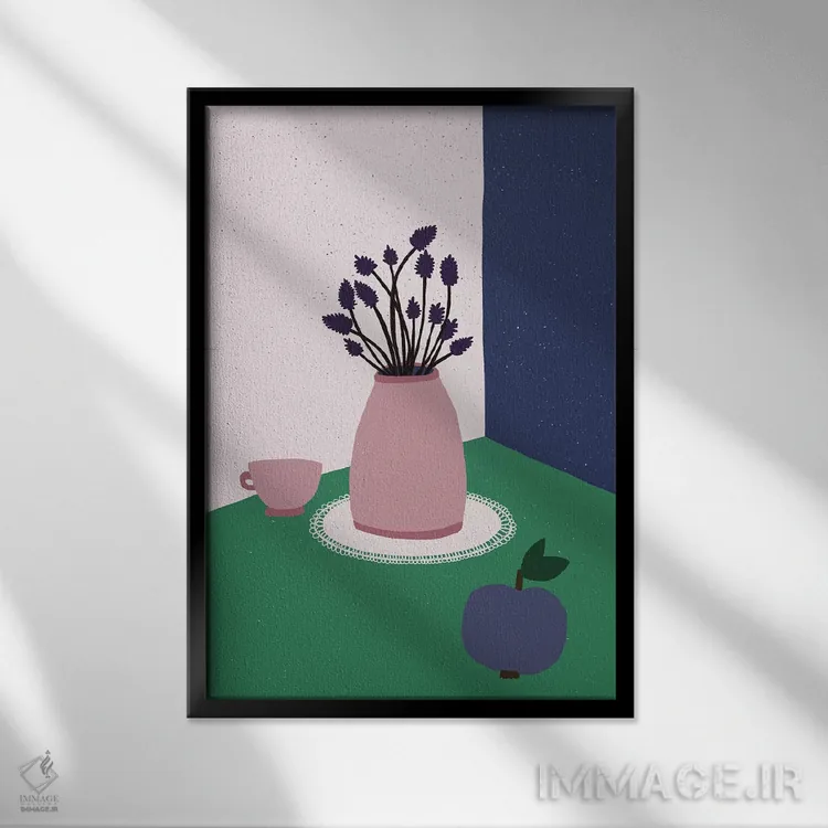 تابلو طبیعت بیجان با سیب، گلهای اسطوخودوس و فنجان اثر آلیسا گالیتسینا - نمای قابدار مشکی