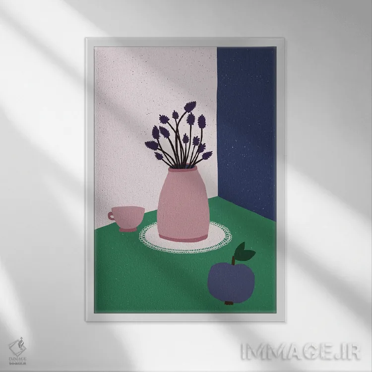 تابلو طبیعت بیجان با سیب، گلهای اسطوخودوس و فنجان اثر آلیسا گالیتسینا - نمای قابدار سفید