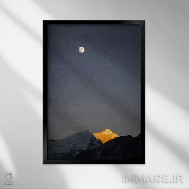 تابلو طلوع ماه در بالای ماکالو، ماهالانگور هیما، رشته کوه هیمالیا، خومبو، نپال اثر الکس بیوس - نمای قابدار مشکی