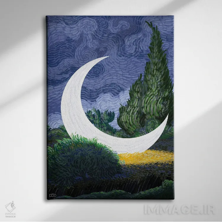 تابلو ماه در مزرعه گندم اثر علیرضا کریمی مقدم (هنرمند ایرانی) - نمای روبهرو روی دیوار