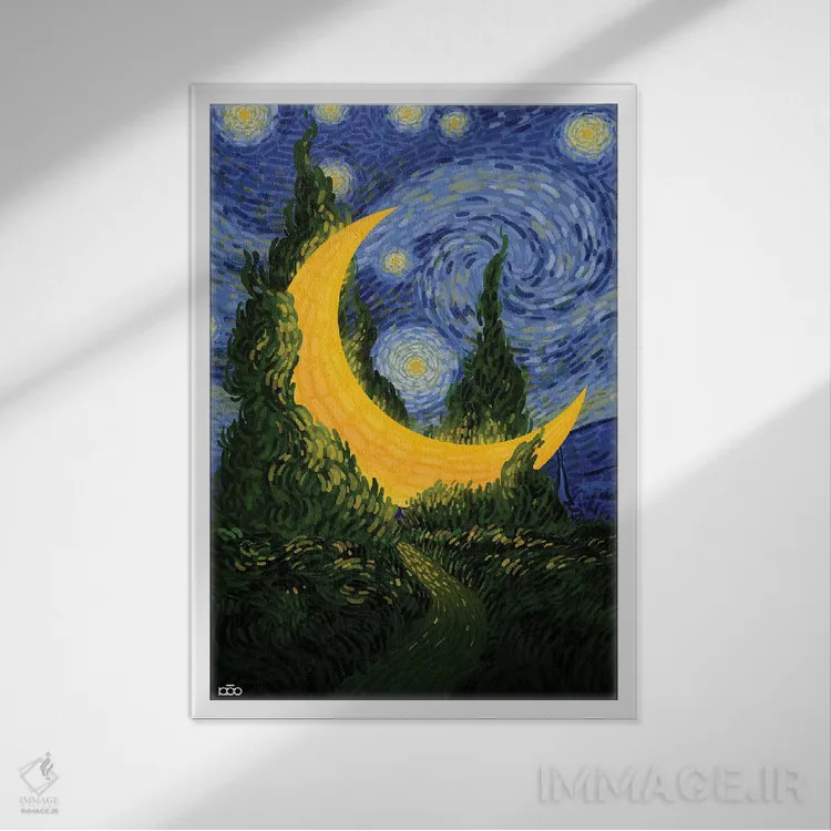 تابلو ماه و سرو اثر علیرضا کریمی مقدم (هنرمند ایرانی) - نمای قابدار سفید