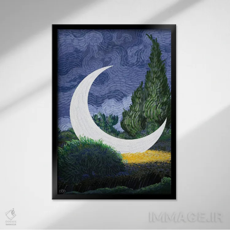 تابلو ماه در مزرعه گندم اثر علیرضا کریمی مقدم (هنرمند ایرانی) - نمای قابدار مشکی