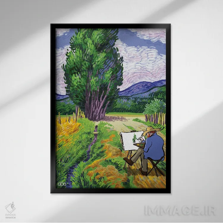 تابلو نقاش در طبیعت اثر علیرضا کریمی مقدم (هنرمند ایرانی) - نمای قابدار مشکی