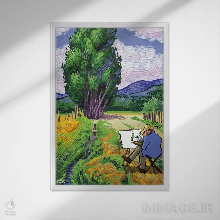 تابلو نقاش در طبیعت اثر علیرضا کریمی مقدم (هنرمند ایرانی) - نمای قابدار سفید