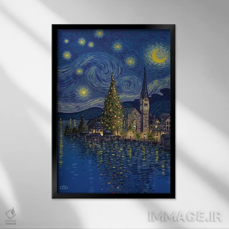 تابلو دریاچهٔ کریسمس اثر علیرضا کریمی مقدم (هنرمند ایرانی) - نمای قابدار مشکی