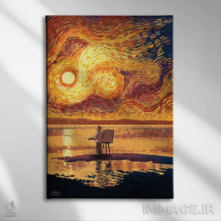 تابلو سپیدهدم کنار دریا اثر علیرضا کریمی مقدم (هنرمند ایرانی) - نمای روبهرو روی دیوار