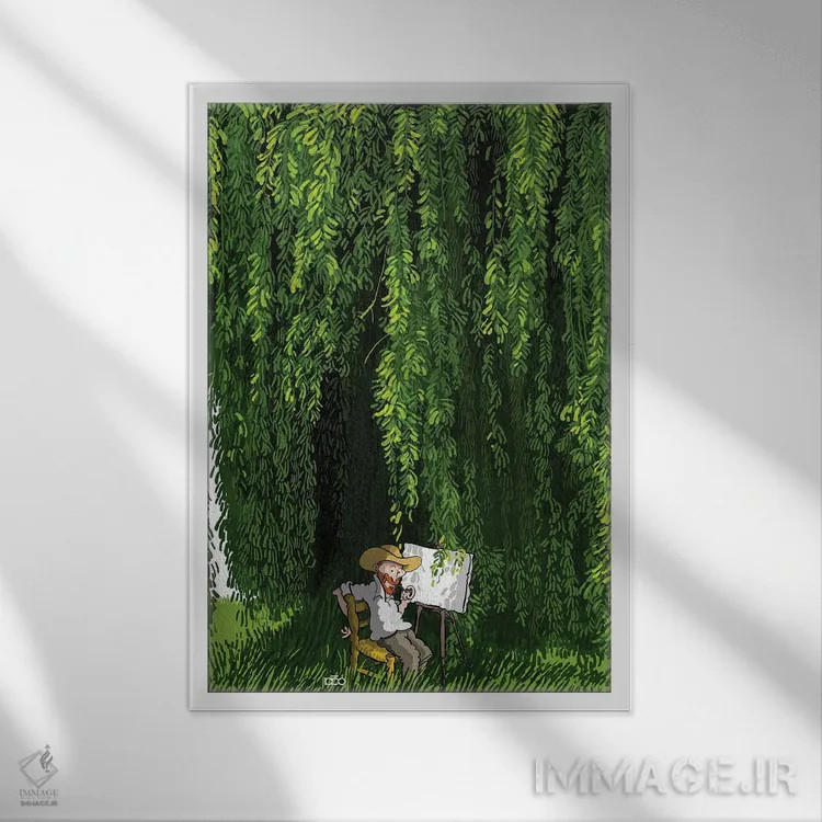 تابلو درخت بید اثر علیرضا کریمی مقدم (هنرمند ایرانی) - نمای قابدار سفید