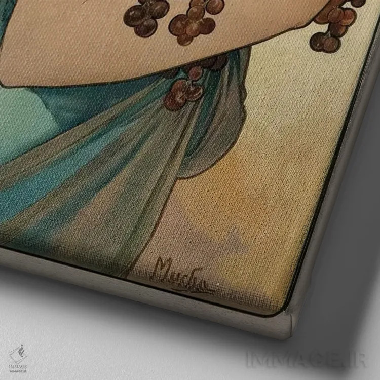 تابلو میوه، ۱۸۹۷ اثر آلفونس موخا (هنرمند آرت نووی چک) - نمای نزدیک بافت بوم