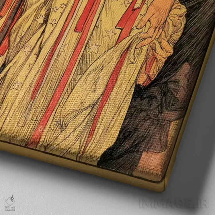 تابلو روزنامه دیلی نیوز نیویورک، ۱۹۰۴ اثر آلفونس موخا (هنرمند آرت نووی چک) - نمای نزدیک بافت بوم