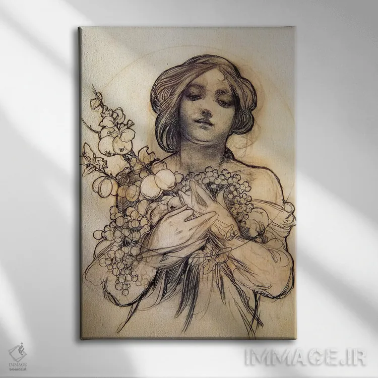 تابلو مطالعهٔ زن با میوه اثر آلفونس موخا (هنرمند آرت نووی چک) - نمای روبهرو روی دیوار