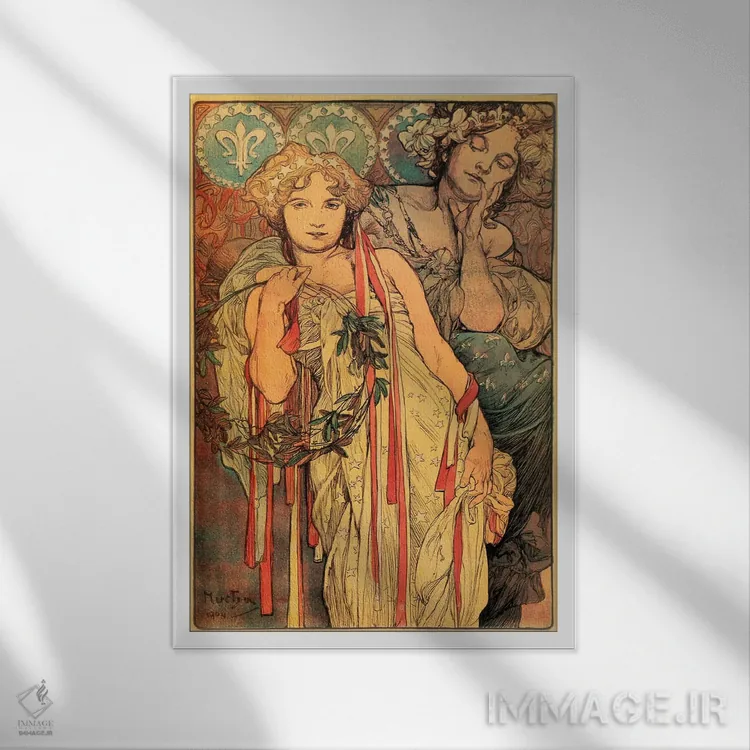 تابلو روزنامه دیلی نیوز نیویورک، ۱۹۰۴ اثر آلفونس موخا (هنرمند آرت نووی چک) - نمای قابدار سفید