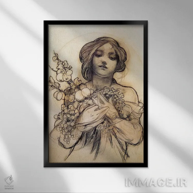 تابلو مطالعهٔ زن با میوه اثر آلفونس موخا (هنرمند آرت نووی چک) - نمای قابدار مشکی