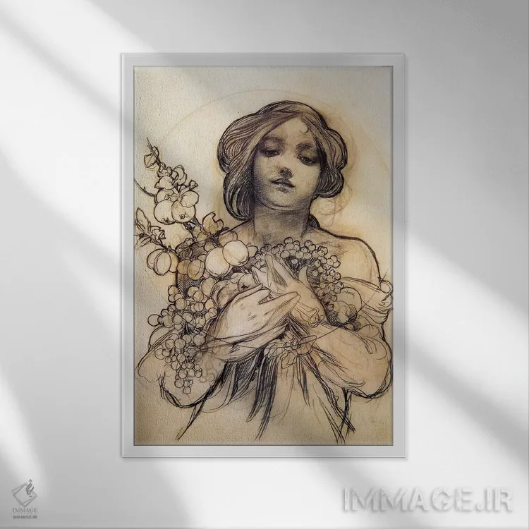 تابلو مطالعهٔ زن با میوه اثر آلفونس موخا (هنرمند آرت نووی چک) - نمای قابدار سفید