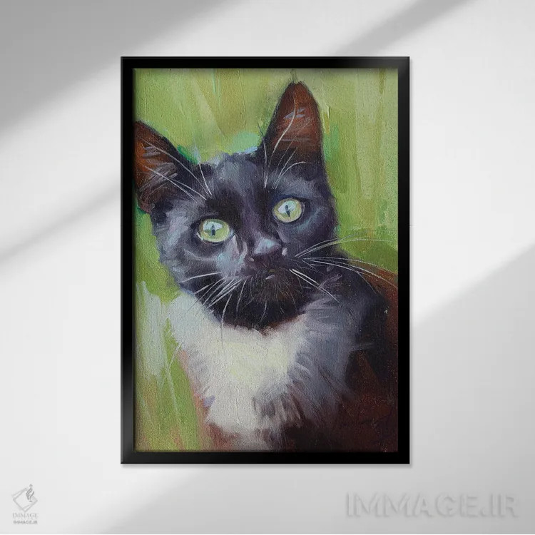 تابلو گربهٔ سیاه با گردن سفید اثر الکس مووچون - نمای قابدار مشکی